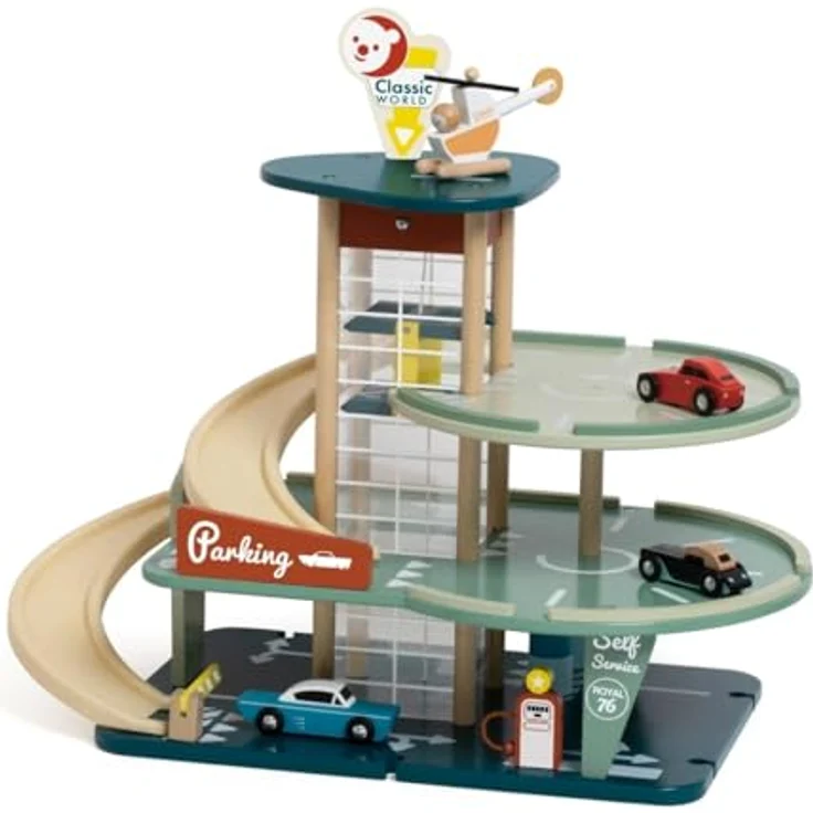Classic World Parkhaus Vintage, Spiel-Parkhaus mit Heli und 3 Autos, 55x30x46,8cm, Holz und Bioplastik, ab 3 Jahre – Bild 3