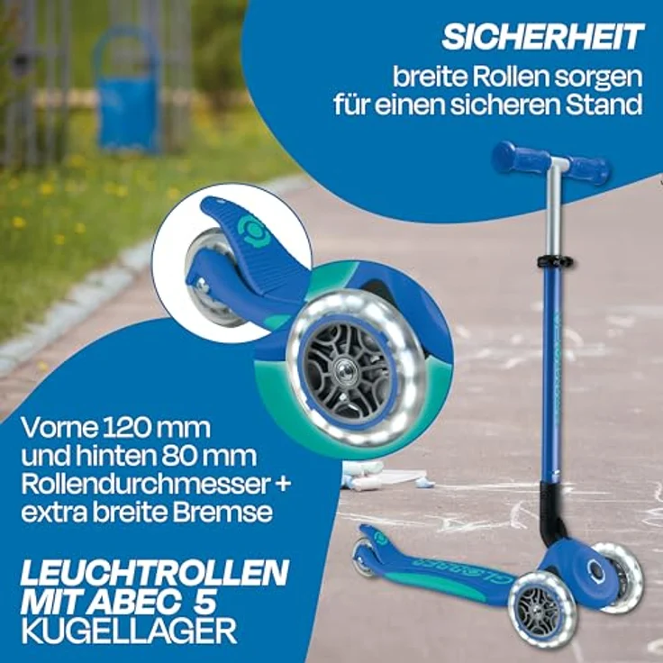 Globber Primo Foldable Plus Lights Roller - Tretroller Kinder ab 3 Jahre - Scooter 120/80 mm - ABEC 5, 3-rädrig mit LED Rollen höhenverstellbar - dunkelblau-türkis – Bild 3