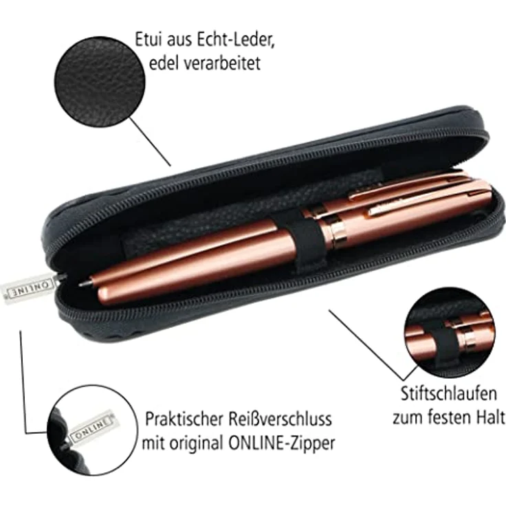 ONLINE Lederetui für 2 lange Schreibgeräte I Schwarzes Stifteetui mit Reißverschluss & 2 Innen-Laschen I Echtleder I Kugelschreiber-Etui, Füller-Etui, Schreib-Etui I 15,5x 5x 2,2 cm I Für alle Marken – Bild 3