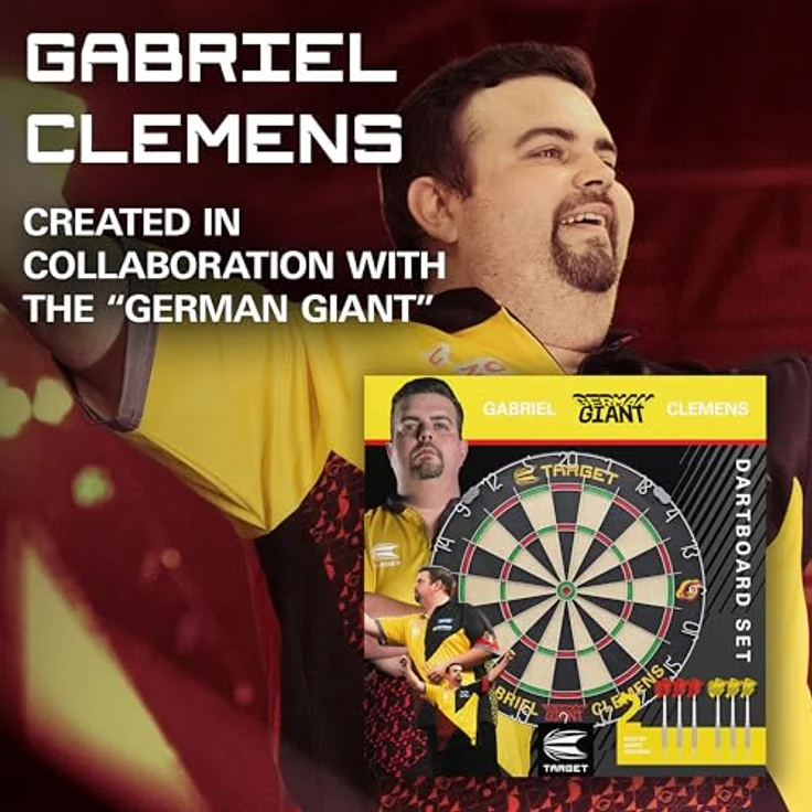 Target Darts Gabriel Clemens Spieler-Edition Dartboard Set, Wettkampfstandard Steel-Dart-Dartspitzen, 6 Messingdarts inkl. Wurflinie, Sisal Dartboard – Bild 2