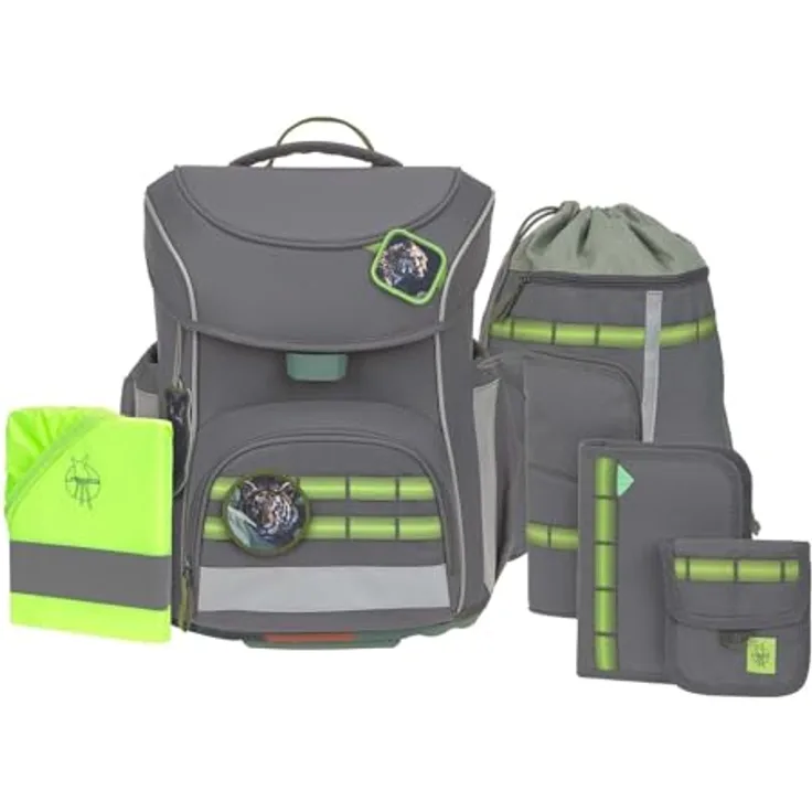 LÄSSIG Schulranzen Unique School Set Slim 7-teilig, ergonomisches Tragesystem, 21 L Volumen, anthrazit
