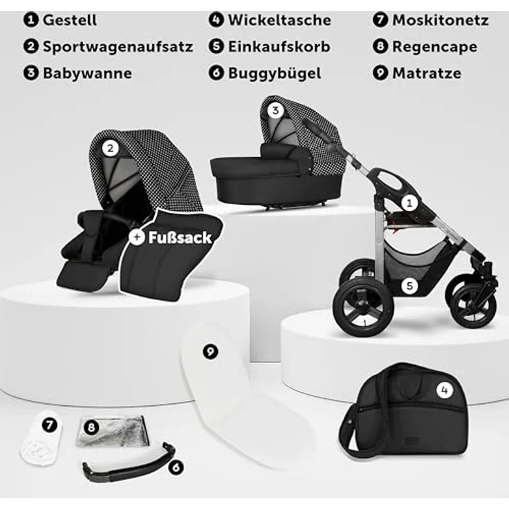 Bergsteiger Capri Kombikinderwagen 2-in-1, Babywanne & Sportsitz, Luftreifen, Federung, höhenverstellbarer Griff, faltbar, inkl. Zubehör – Bild 3