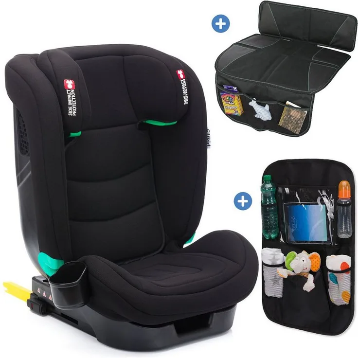 Fillikid Autokindersitz Elli Pro i-Size, schwarz, von 3 bis 12 Jahren, mit Autositz-Schutzunterlage und Rückenlehnen-Organizer