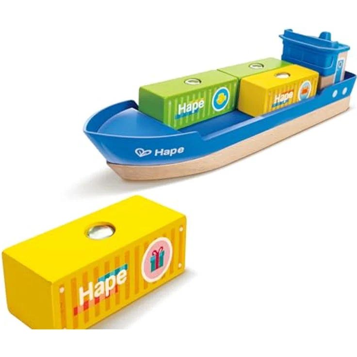 Hape Spielzeug-Schiff Frachtschiff mit Hafenkran, magnetischer Kran zum Entladen und Containerstapeln – Bild 4