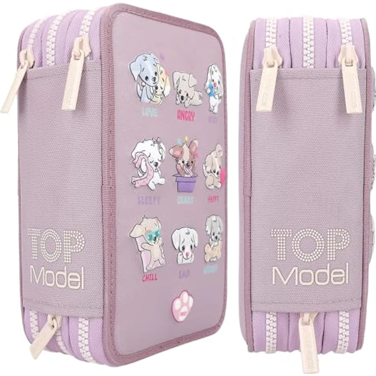 Depesche 12843 TOPModel - Gefüllte 3-Fach Federtasche in Lila, mit LED und Hunde Motiven, Federmappe mit Buntstiften, Lineal, Schere uvm. – Bild 3