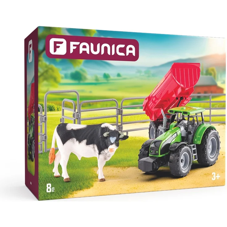 Woodyland Faunica Lernspielzeug Set, 8-teilig mit Stier, Traktor, Anhänger mit Kippfunktion und Gattern für Kinder ab 3 Jahren