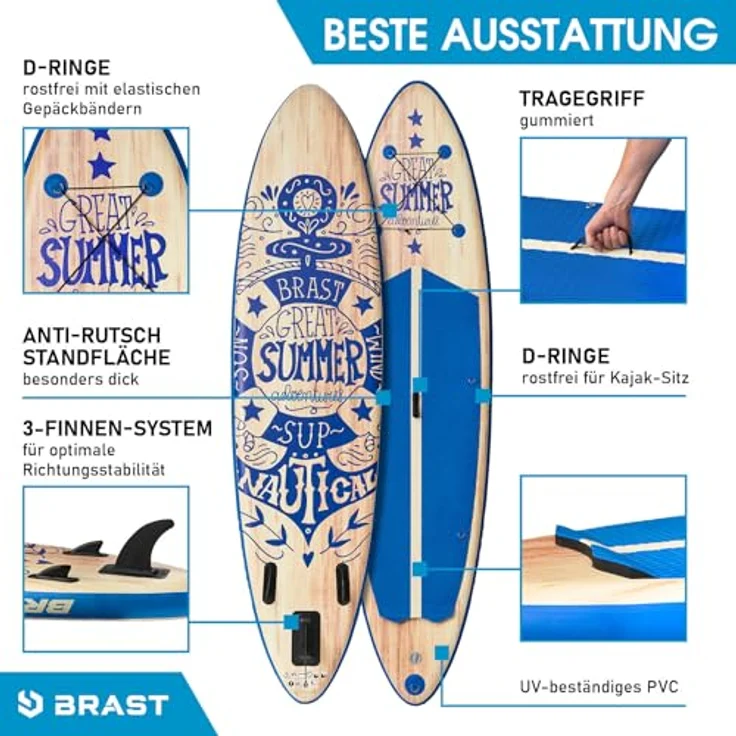 BRAST® SUP Board Summer, aufblasbares Stand Up Paddle Set, 320x81x15cm, 140kg Tragkraft, 5 Jahre Garantie, inkl. Kajaksitz, 2in1 Paddel, Action-Cam-Halterung, Fußschlaufe, Natural Blau – Bild 5