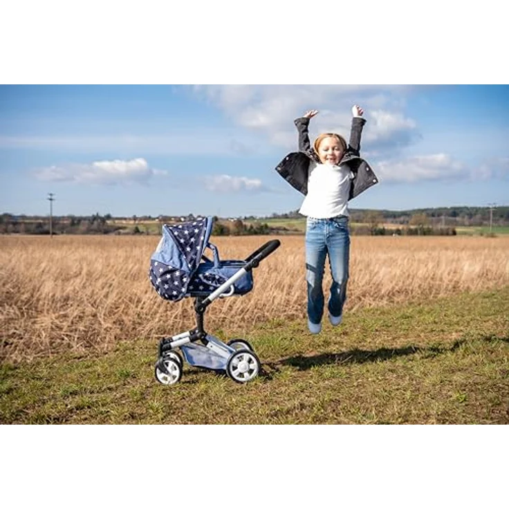 Bayer Chic 2000 - Puppenwagen Jara, 2in1 Kombipuppenwagen für Kinder von 4 bis 8 Jahren, Sternchen navy, höhenverstellbarer Schiebegriff, schwenkbarer Schieber, herausnehmbare Tragetasche – Bild 4