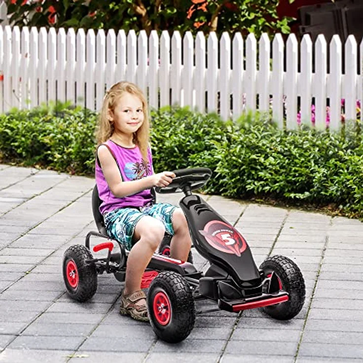 HOMCOM Go-Kart Kettcar Tretauto mit Gummireifen, für 5-12 Jahre Kinder, 121L x 58B x 61H cm, Rot&Schwarz – Bild 2