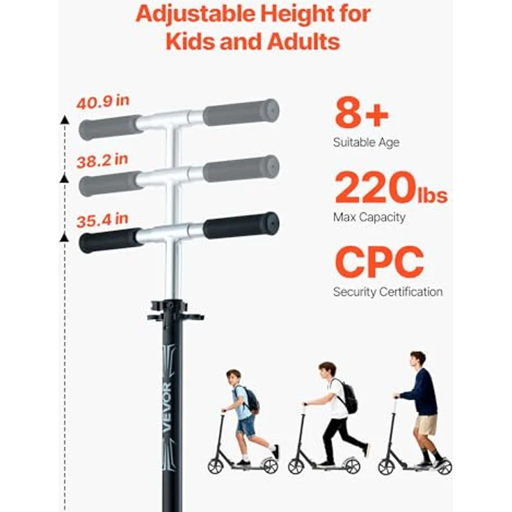 VEVOR Kinder-Scooter, Cityroller mit höhenverstellbarem Lenker, rutschfestem Deck und faltbarem Rahmen, bis 100 kg, Schwarz – Bild 2