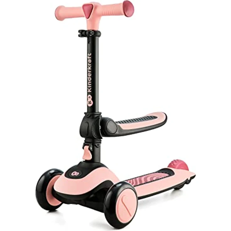 kk Kinderkraft Kinderkraft Halley Scooter 2 in 1, Kinderroller ab 1 Jahr bis zu 50 kg, Tretroller, Dreirad Roller mit Klappbar Sitz, LED Räder, Höheverstellbare Lenker, Zusammenklappen, Modernes Design, Rosa – Bild 4
