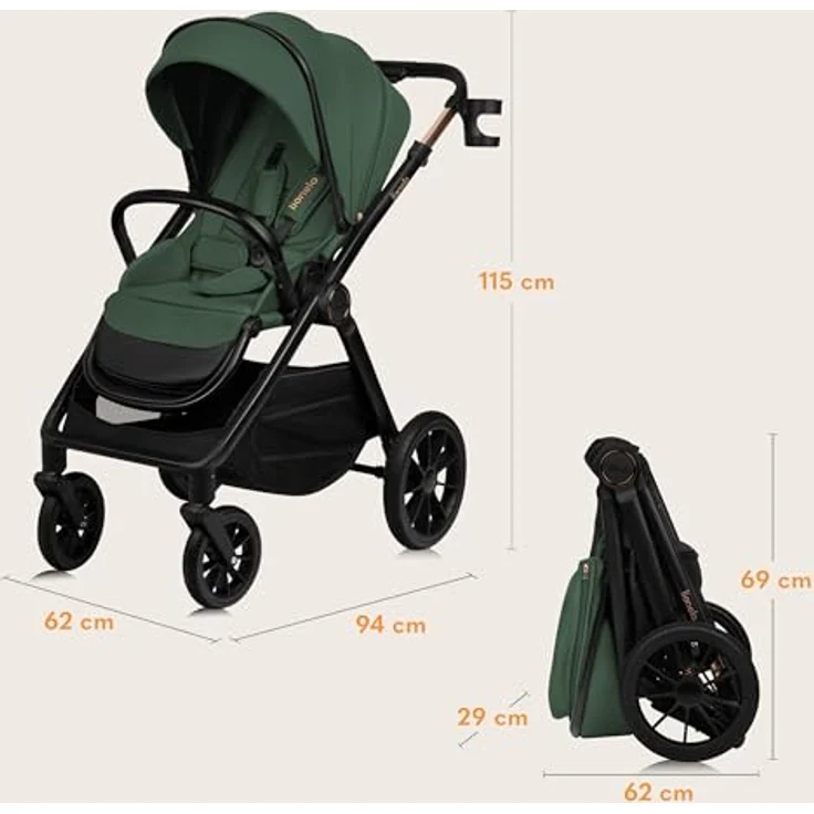 Lionelo LO-Layla 3in1 Kinderwagenset, Kombikinderwagen in Grün mit Babyschale, Babywanne und Sportwagenaufsatz, 62x115x94 cm, EN 1888 – Bild 10