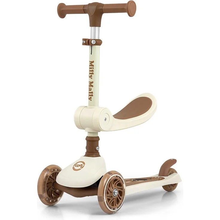 Milly Mally Scooter Fuzzy, Dreirädriger Balance-Roller mit Sitz, LED-Leuchträder, Höhenverstellbare Lenkstange, Sicher und Stabil für Kinder ab 18 Monaten