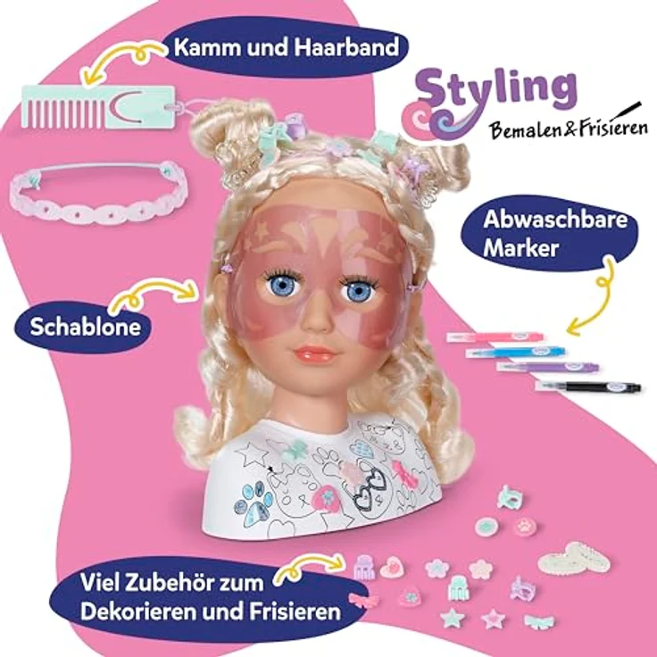 BABY Born Stylingkopf Kreativ, Frisieren und Bemalen mit abwaschbaren Markern, über 20 Accessoires – Bild 2