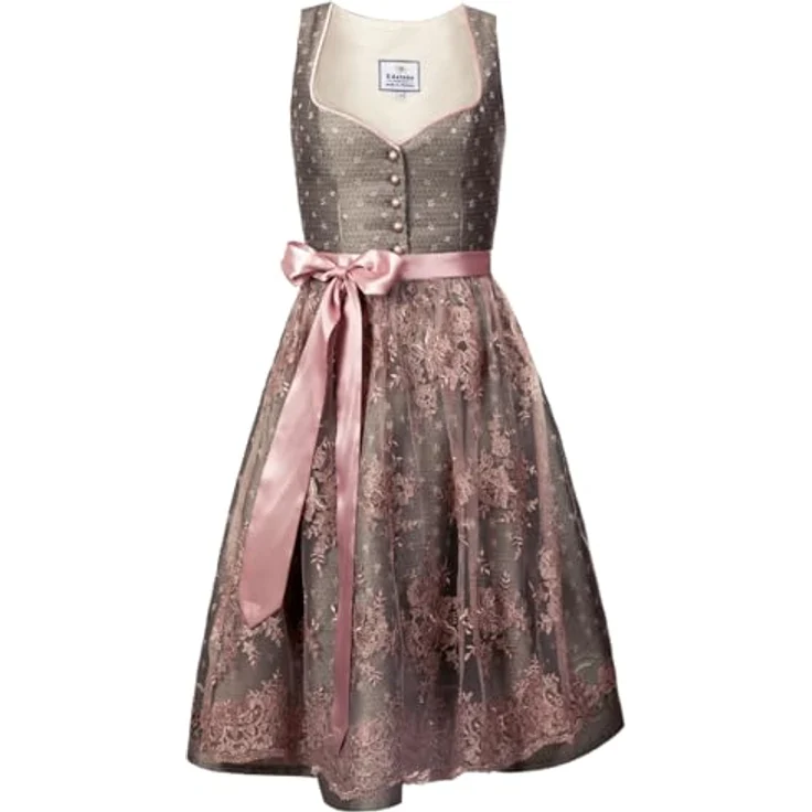 Edelnice Midi Dirndl Claire, Vintage-Charme mit roséfarbenen Knöpfen und altrosa Spitzenschürze, Damen Trachtenkleid, dunkelgrau – Bild 2