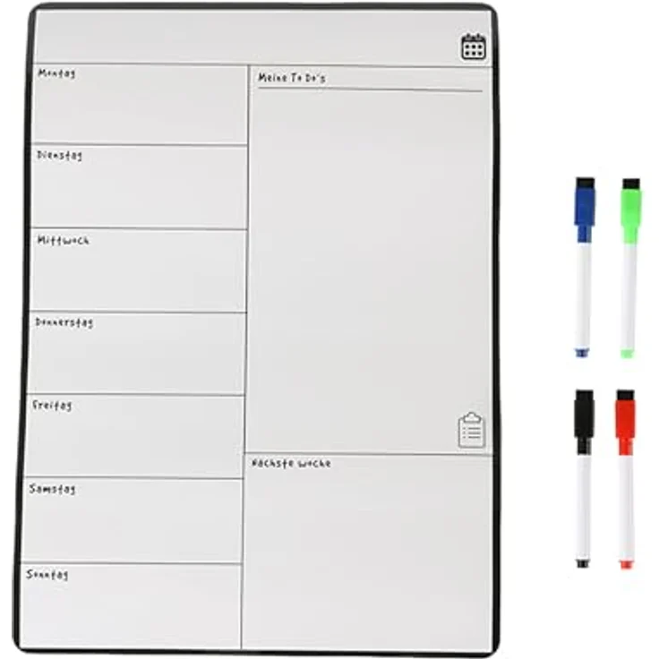 relaxdays Memoboard Speiseplan Wochenplaner magnetisch, Schwarz, abwischbares Whiteboard mit 4 Markern für Essensplanung und Aufgabenorganisation, 42 x 30 cm – Bild 1