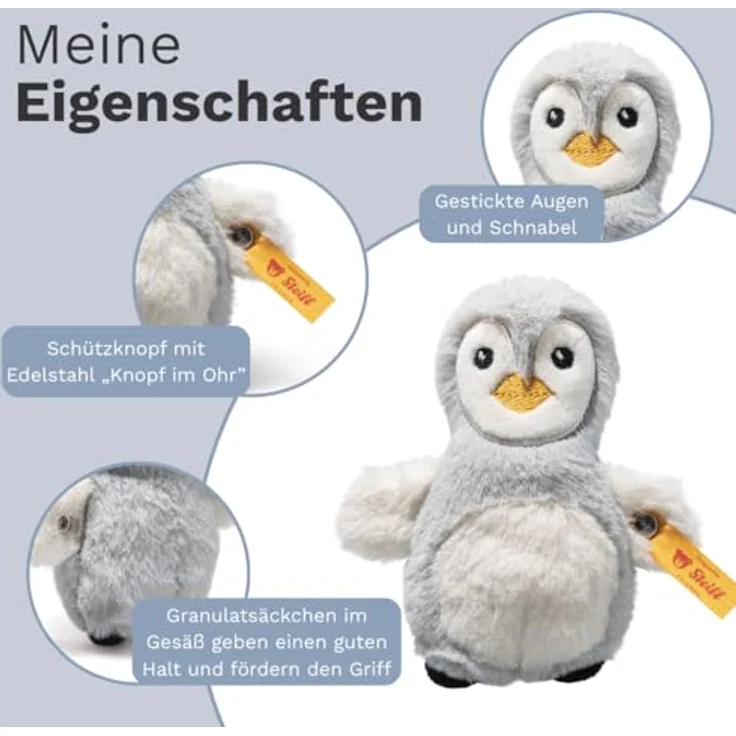 Steiff Kuscheltier Pinguin Greifling Rassel, 11 cm, weicher Plüsch in Grau und Cremeweiß, mit Edelstahl Knopf im Ohr – Bild 3