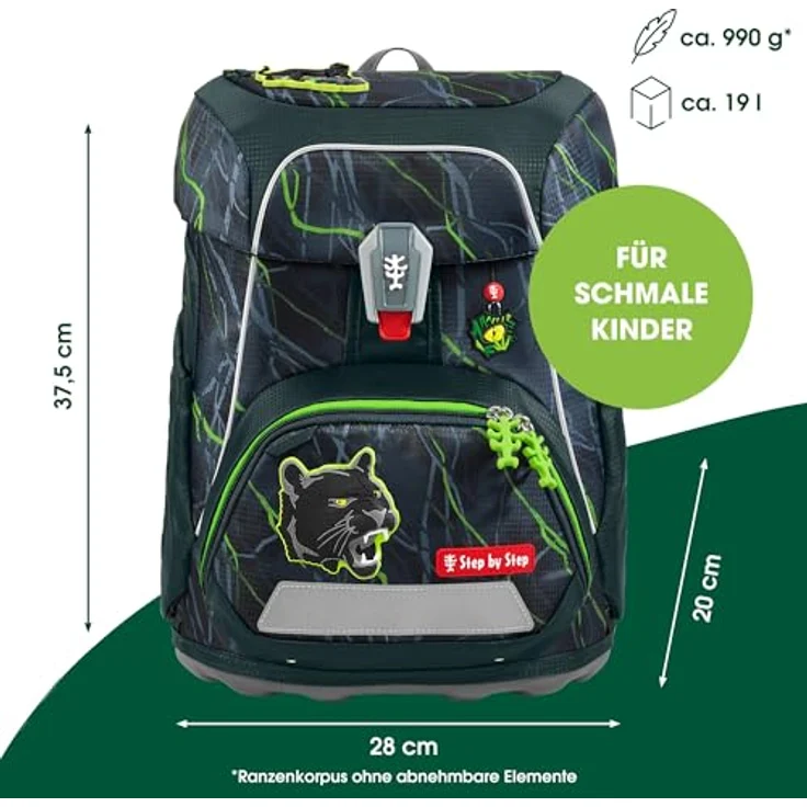 Step by Step Schulranzen-Set FIT „Danger Cat Chiko“, 5-teilig, grau-grün, ergonomischer Tornister mit Reflektoren, höhenverstellbar, Hüftgurt, für Jungen ab der 1. Klasse, 19L – Bild 2