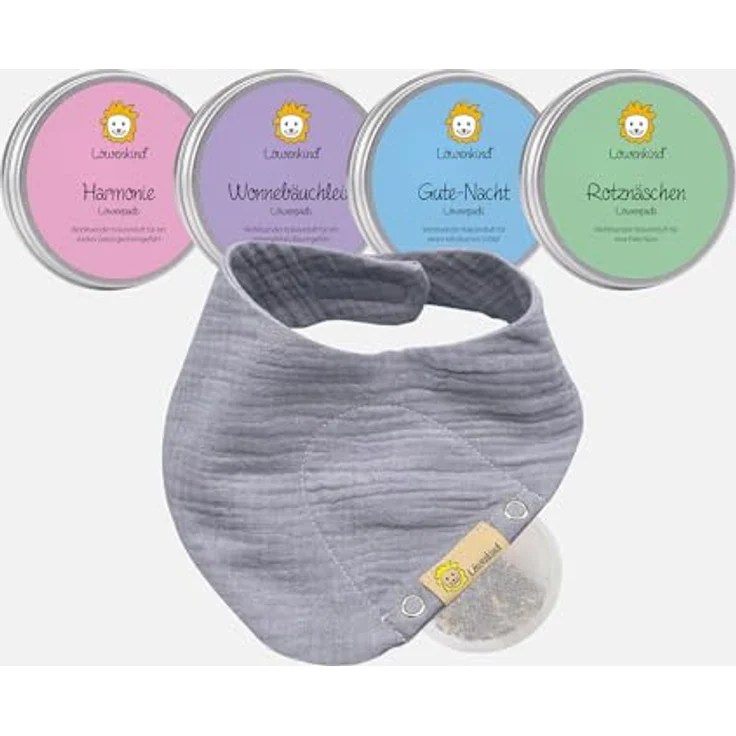 LÖWENKIND Baby Startklar-Set für typische Kinderwehwehchen | 4x5 natürliche Kräuterpads für Erkältung, Zahnen, Schlafprobleme, Bauchbeschwerden | Grau Musselin-Halstuch aus 100% Bio-Baumwolle – Bild 1