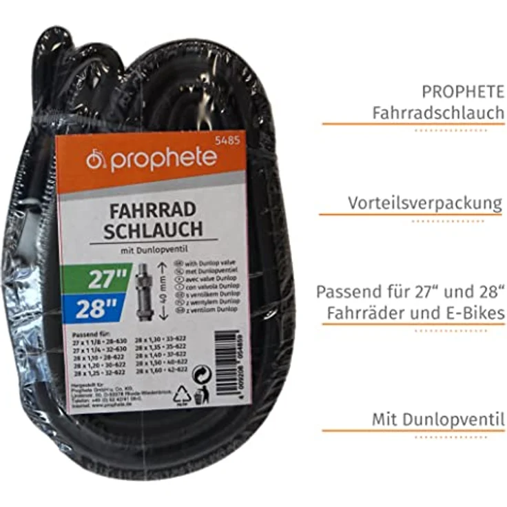 Prophete Fahrradschlauch 28/27 Zoll | 2 Stück | Dunlopventil | ETRTO 28-630, 32-630, 28-622, 30-622, 32-622, 33-622, 35-622, 37-622, 40-622, 42-622 | geeignet von 27 x 1,125 Zoll bis 28 x 1,6 Zoll – Bild 3