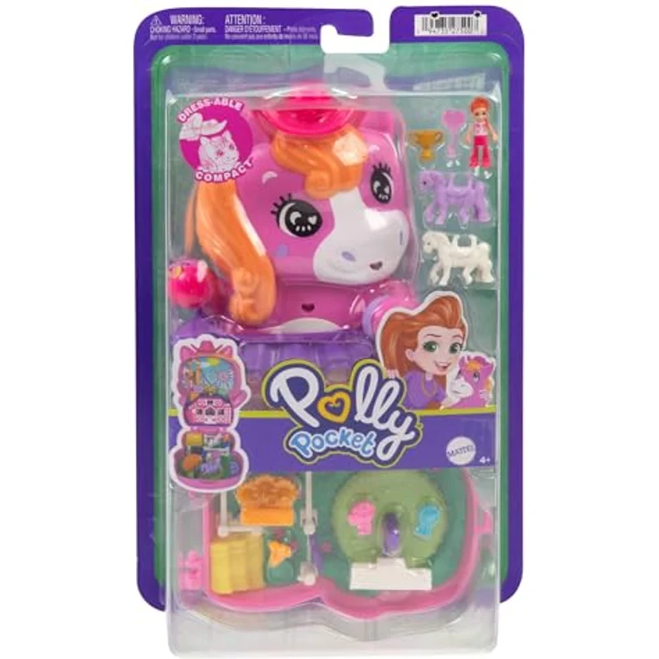Polly Pocket Pony-Rodeo-Schatulle JCR39, Spielset mit 1 Puppe, 2 Pferdchen und 10 Zubehörteilen für Mode und Essen, tragbares Spielzeug für unterwegs – Bild 4