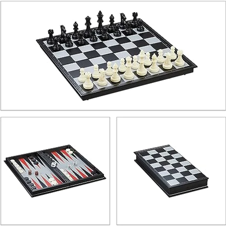 Relaxdays 3-in-1 Schachspiel magnetisch, Klappbares Reisespiel für Schach, Dame und Backgammon, Schwarz/Weiß/Rot – Bild 6