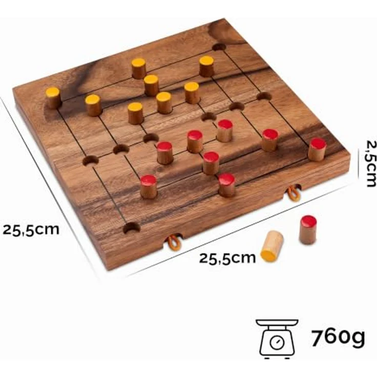 LOGOPLAY Spiel Mühle Gr. XL klappbar, Gesellschaftsspiel für 2 Spieler, mit farbigen Steckern und stabilem Holzkasten, gelb/rot – Bild 3