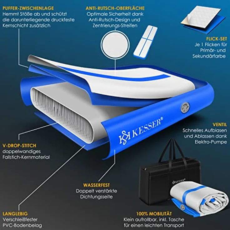 KESSER® Turnmatte Aufblasbar Airtrack Fitness-Matte Gymnastikmatte 3/4/5/6m | inkl. Tragetasche & elektr. Luftpumpe | Yogamatte, Tumbling Matten , Trainingsmatte Sportmatte Yoga, Turn- & Fitness Blau, 400 x 100 x 10 cm – Bild 5