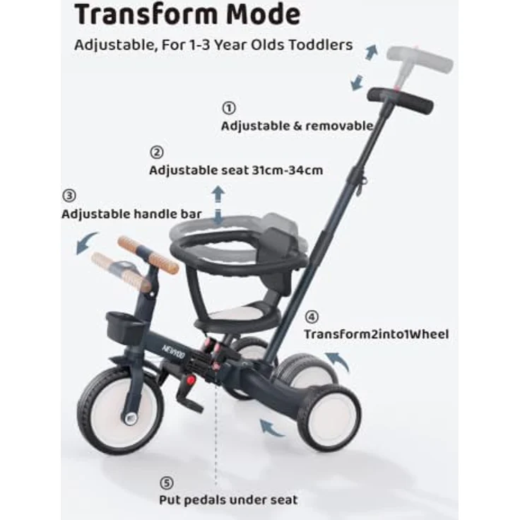 newyoo 5 in 1 Laufrad Dreirad, multifunktionales Kinderdreirad mit Schubstange, verstellbarem Lenker und Sitz, Sicherheitsbügel, für Kinder 1-3 Jahre, Dunkelgrau – Bild 4