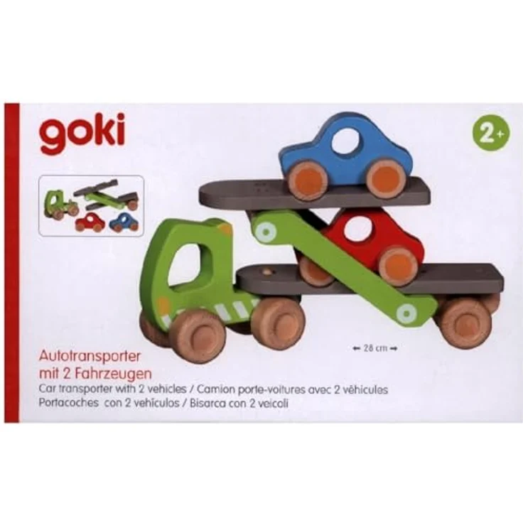 goki 55860 - Autotransporter mit 2 Fahrzeugen - harmonisches farbkonzept - aus Holz – Bild 1