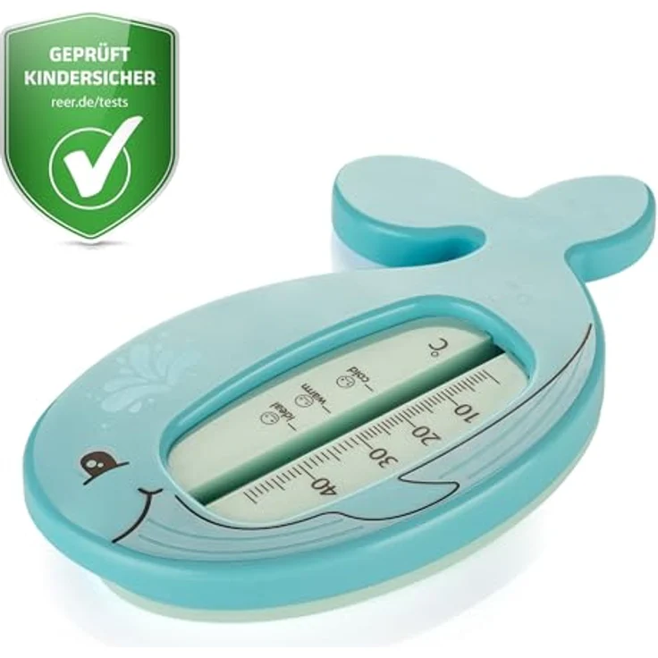 Reer Badethermometer MyHappyBath Wal, Temperaturmessgerät mit Hygienefunktion, blau – Bild 1