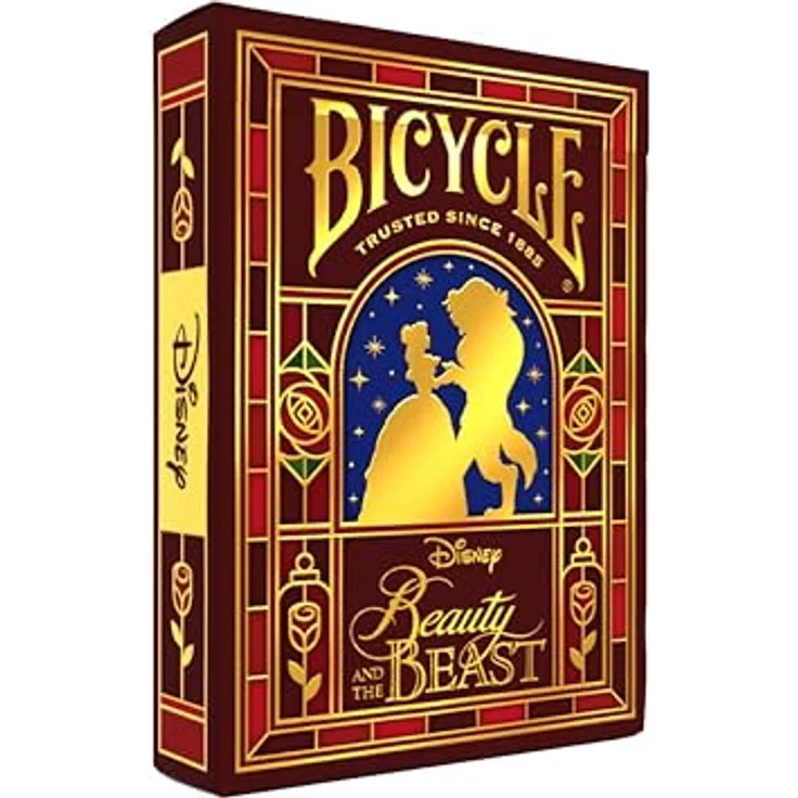 Bicycle Disney - Beauty and the Beast, Kartenspiel mit goldfarbener Schachtel und ikonischen Charakteren, Rot, Gold, Blau – Bild 1