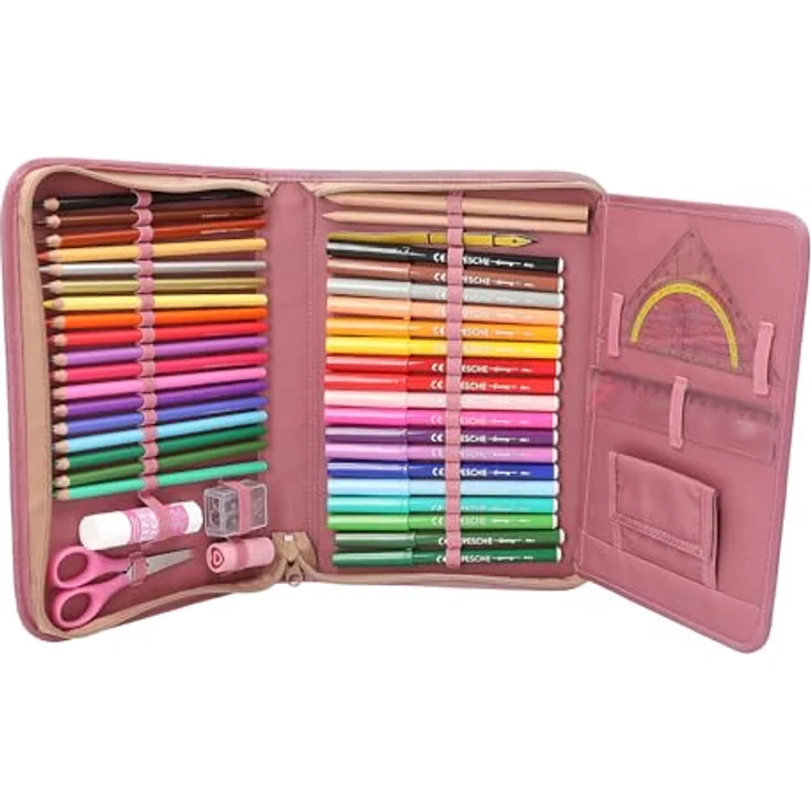 Depesche TOPModel Große Federtasche FLORAL inkl. Stifte, Beerefarben mit Model- und Hunde Motiv, Blumenmuster, rosa Glitzer, gefüllt mit 18 Bunt- und Filzstiften, 2 Bleistiften, Radierer, Anspitzer, Lineal, Schere und Klebestift – Bild 5