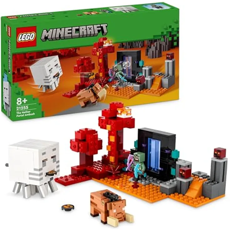 LEGO Minecraft Hinterhalt am Netherportal, Gaming-Spielzeug im Nether für Kinder mit Kampfszenen und legendären Figuren inkl. Ghast, Geschenk für Gamer-Jungs und Mädchen ab 8 Jahren 21255