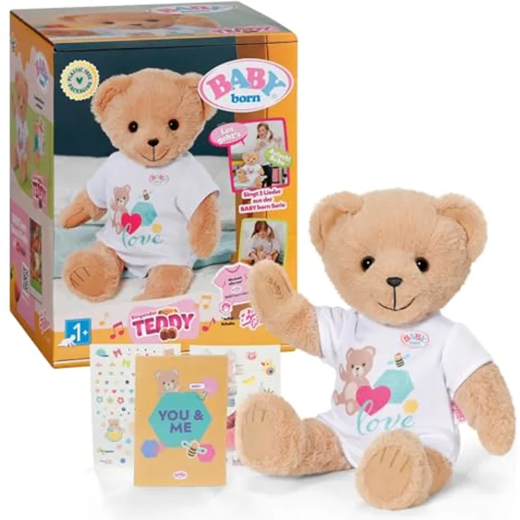BABY Born Singender Teddy, Plüschbär mit beweglichen Armen und Beinen, 5 deutsche Lieder, weißer Strampler, 837962 Zapf Creation