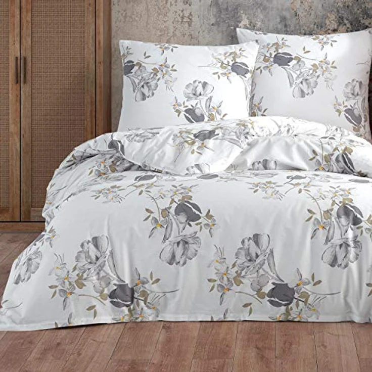 Buymax Bettwäsche 135x200 Baumwolle 2-Teilig Bettgarnitur mit Bettbezug und Kissenbezug 80x80 Renforce Bettwäsche-Set Geblümt Herbstliches Blumen-Muster, Grau Weiß – Bild 1