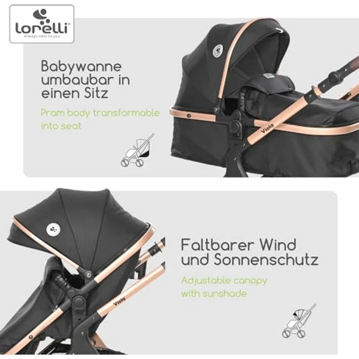 Lorelli Viola Kinderwagen 2 in 1, Umwandelbar in Sportsitz, Baby Kombikinderwagen bis 22kg, Große Gummireifen, Schwarz – Bild 4
