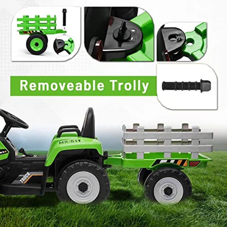 RIRICAR Elektro Traktor für Kinder 12V Workers mit Anhänger, Grün, 12-V-Batterie, breitem Sitz, 2,4-GHz-Fernbedienung, MP3-Player mit Bluetooth und SD-Eingang, LED-Leuchten – Bild 2