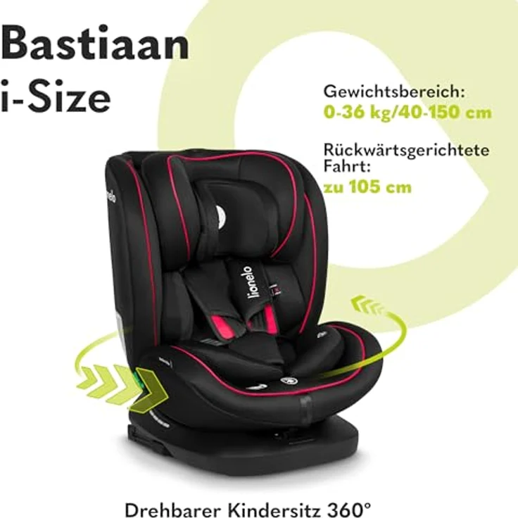 lionelo Autokindersitz BASTIAAN I-SIZE, 0-36 kg, Isofix + Top Tether, 360° EasyTurn, SideProtect, Memory Foam, ab Geburt bis 12 Jahre, Grau – Bild 2