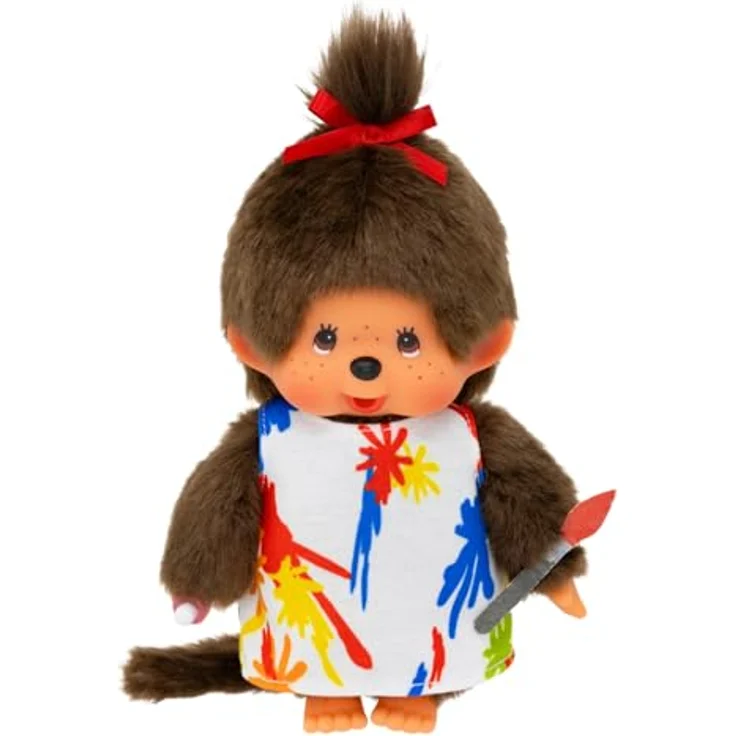 Monchhichi Plüschfigur Mädchen im Malerin-Kleid mit Zopf, 20 cm Kuscheltier aus weichem Fell – Bild 2