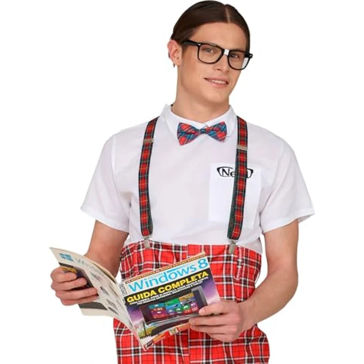 W WIDMANN MILANO Party Fashion 68551, Verkleidungsset Nerd, 3-teilig, mit Hosenträgern und Fliege im Karomuster, inklusive Nerd-Brille, für Karneval und Mottoparty – Bild 4