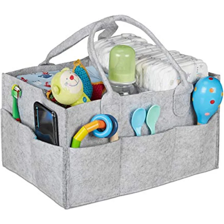 relaxdays Wickeltasche Baby Windel Caddy Filz, hellgrau, 11 Fächer, individueller Stauraum, tragbar