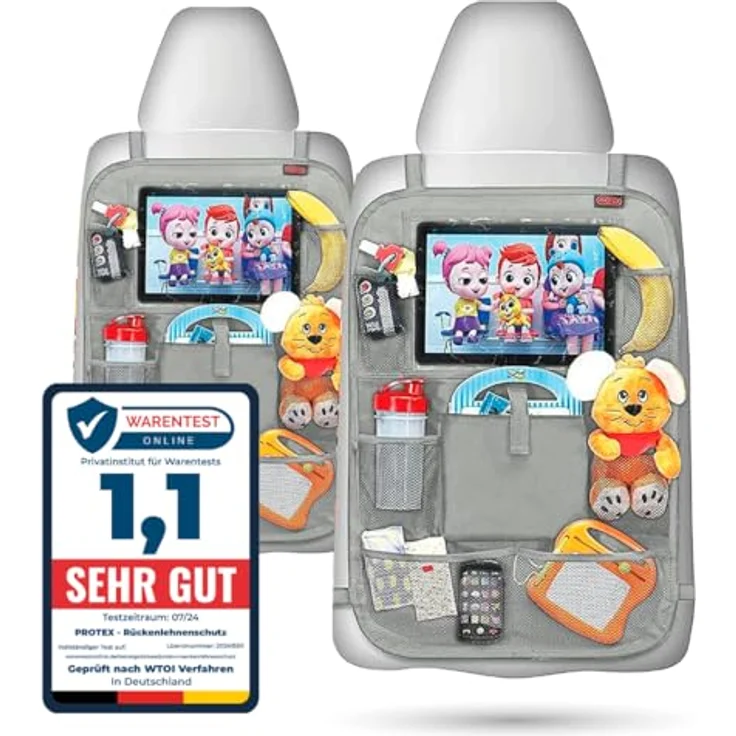 PROTEX© Rückenlehnenschutz Organizer, 2 in 1 Autositzorganizer mit 12 Zoll Tablet Fach und 8 Fächern, grau – Bild 1