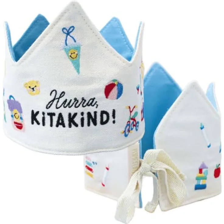 Papierdrachen Krone Kitakind, Beige mit bunter Stickerei, Baumwolle, individuell anpassbar, für den Kindergartenstart