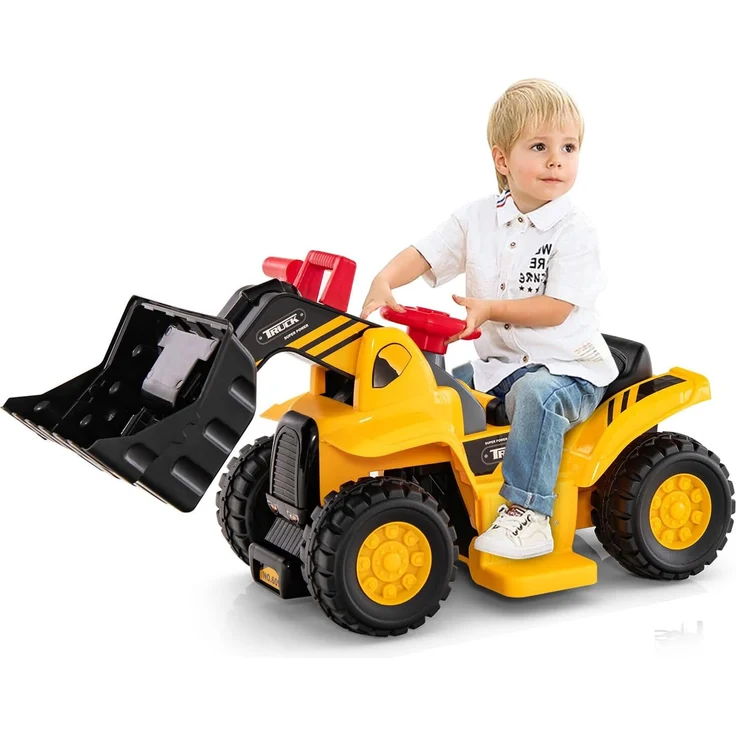 DREAMADE Elektro Sitzbagger, Kinderbagger mit Basketballkorb, Sound-Tasten und internem Stauraum, gelb, geeignet ab 2 Jahren