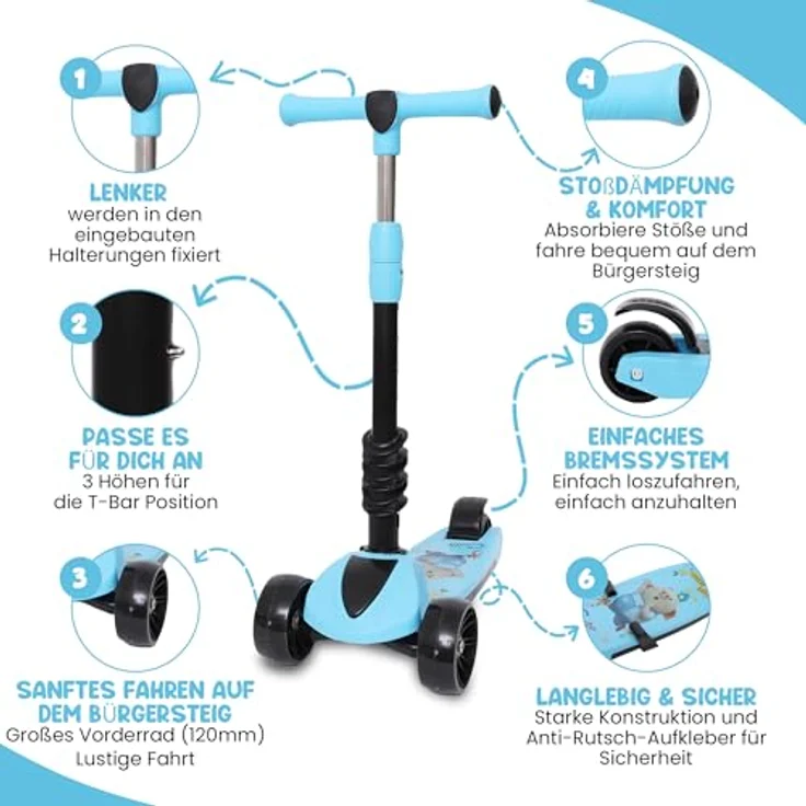 Habib Gruppe 3-in-1 Kinderroller mit Sitz, Dreirad Tretroller, Faltbar, Höhenverstellbar, mit LED Rädern, Blau, für Kinder ab 3 Jahren (bis 50kg) – Bild 2
