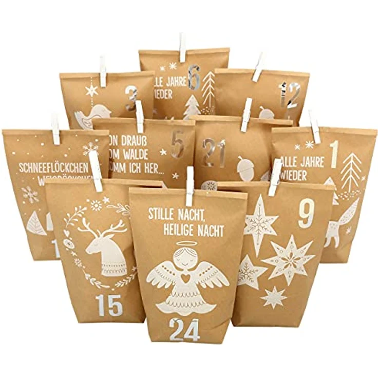 PAPIERDRACHEN Extravaganter Adventskalender zum Befüllen - mit 24 braunen Geschenktüten und 24 Zahlenaufklebern - Motiv Waldtiere weiß - zum Basteln und Verschenken - Weihnachten & Advent – Bild 1
