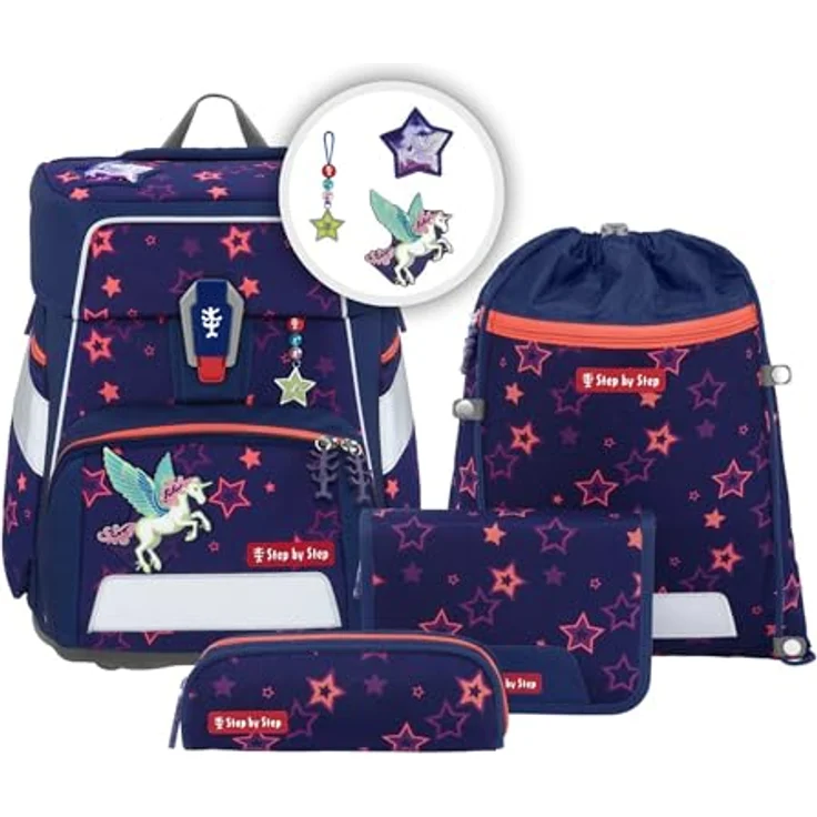 Step by Step Schulranzen-Set Space Shine „Pegasus Night Nuala“ 5-teilig, ergonomischer Tornister mit Reflektoren, höhenverstellbar mit Hüftgurt, Grundschule, 1. Klasse, 20L, lila-rosa – Bild 1