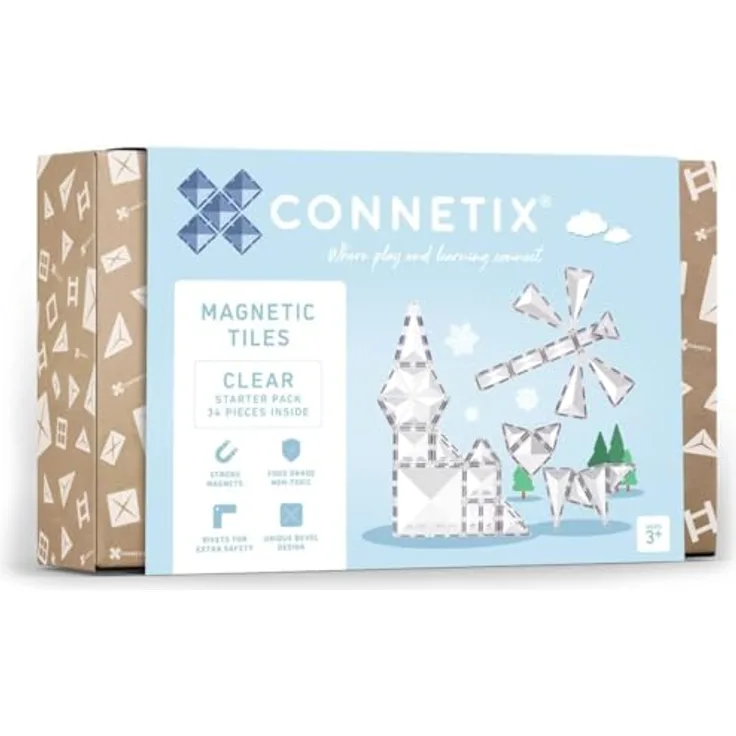 CONNETIX Magnetbausteine Klar Starterpaket, 34 Stück, transparente Fliesen mit abgeschrägtem Design und starken Magneten