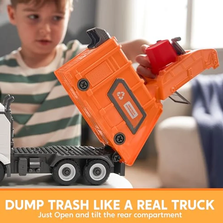 JOYIN Jumbo Take Apart Müllwagen-Spielzeug, reibungsbetrieben mit Licht und Geräuschen, mit 3 Mülleimern und Schraubendreher, DIY-Bausatz, orange – Bild 3